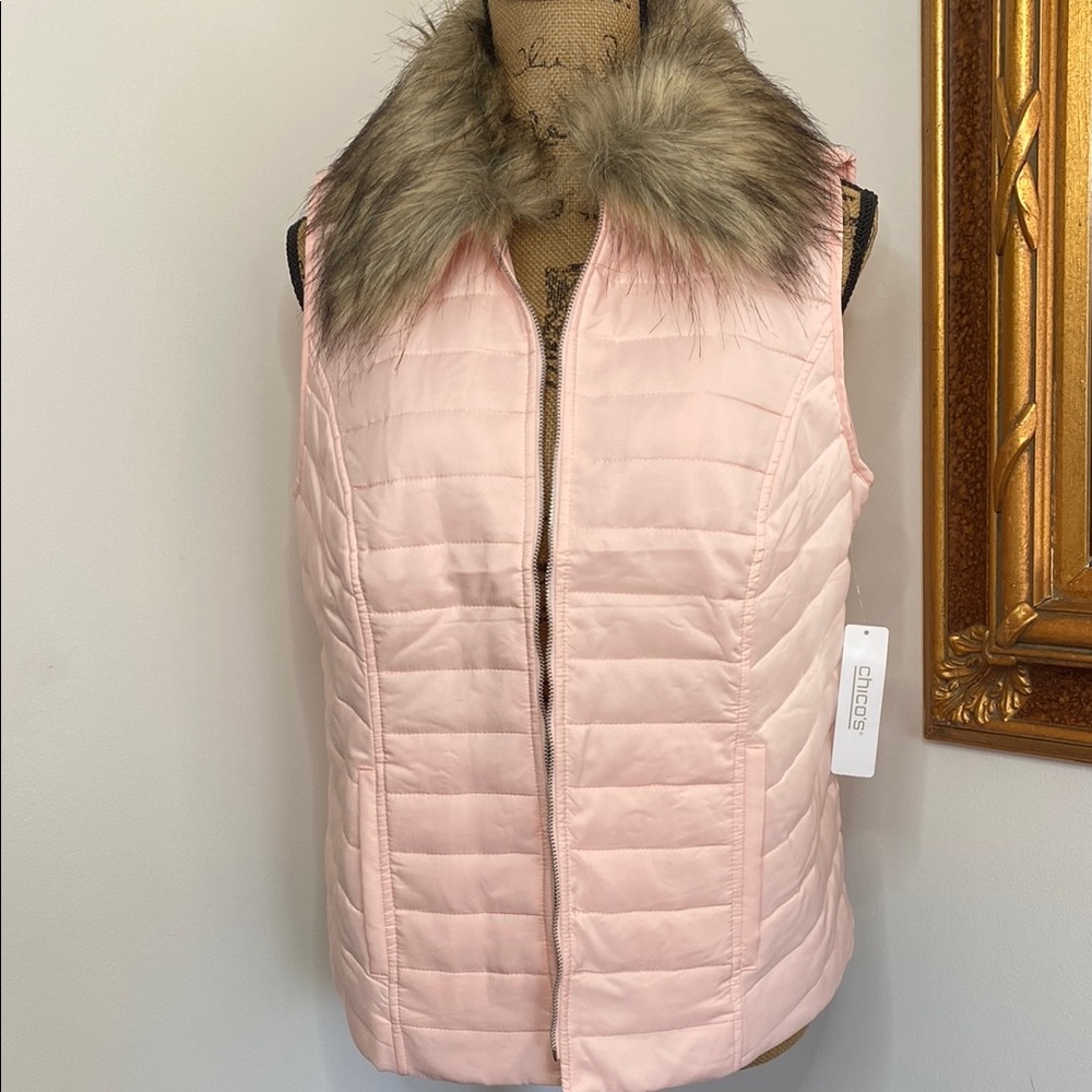 Chico's Pink Quilted Vest Lightweight Detachable Faux Fur Collar Size 1